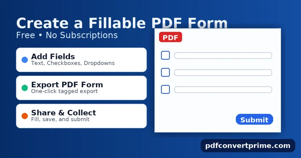 Create a Fillable PDF Form Free — featured image showing labeled text fields and checkboxes