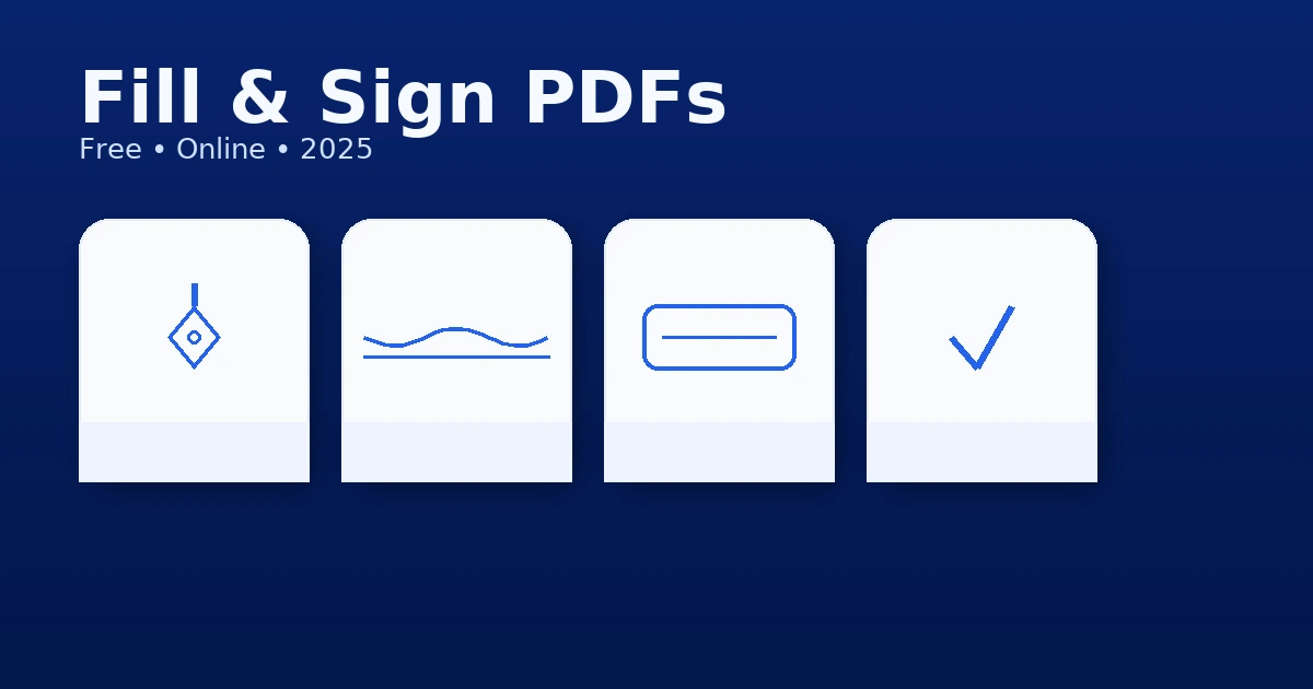 Fill and Sign PDF Online — featured image with pen, signature, text field, and check icons
