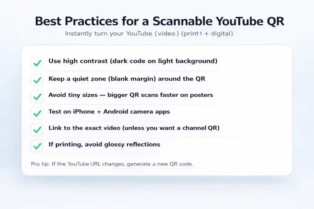 : best practices for a scannable YouTube QR code high contrast quiet zone size testing
