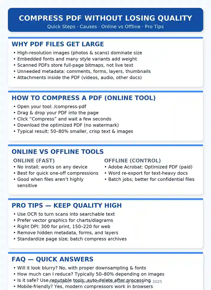 compress PDF without losing quality infographic with steps, causes, online vs offline and pro tips